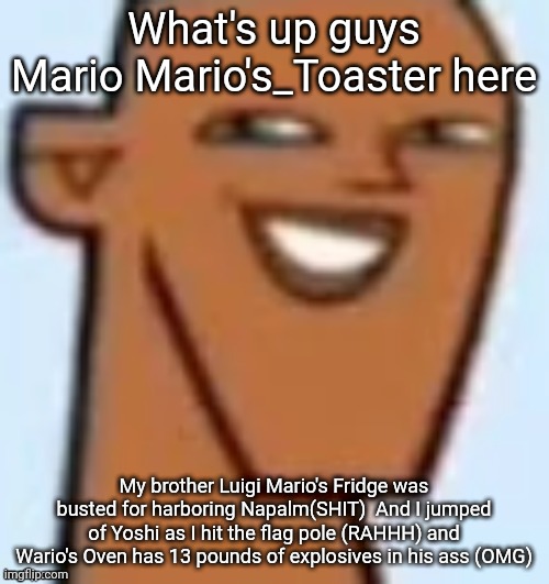 justin | What's up guys Mario Mario's_Toaster here; My brother Luigi Mario's Fridge was busted for harboring Napalm(SHIT)  And I jumped of Yoshi as I hit the flag pole (RAHHH) and Wario's Oven has 13 pounds of explosives in his ass (OMG) | image tagged in justin | made w/ Imgflip meme maker