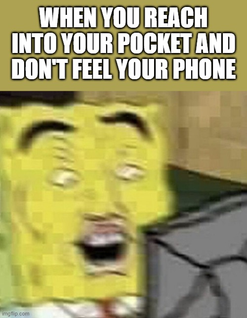 When you think you lost your phone | WHEN YOU REACH INTO YOUR POCKET AND DON'T FEEL YOUR PHONE | image tagged in memes | made w/ Imgflip meme maker