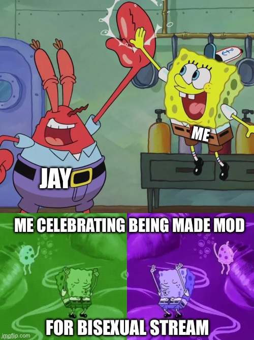 I was made mod for bisexual stream today. :) | ME; JAY; ME CELEBRATING BEING MADE MOD; FOR BISEXUAL STREAM | image tagged in krusty krab spongebob high five,bisexual,bi,lgbtq,spongebob,mod | made w/ Imgflip meme maker