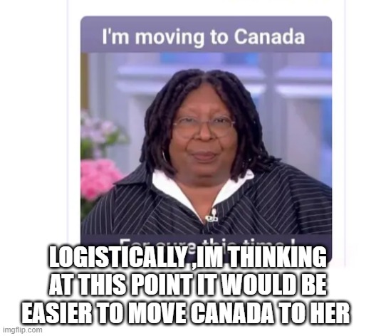 LOGISTICALLY ,IM THINKING AT THIS POINT IT WOULD BE EASIER TO MOVE CANADA TO HER | made w/ Imgflip meme maker