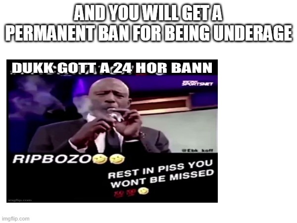 AND YOU WILL GET A PERMANENT BAN FOR BEING UNDERAGE | made w/ Imgflip meme maker