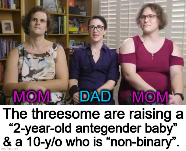 The 2 y/o girl will decide if 'they' are a girl or a boy at some point & then tell the 3 parents | DAD; MOM; MOM; The threesome are raising a; “2-year-old antegender baby”
& a 10-y/o who is “non-binary”. | image tagged in identity crisis,identity confusion,gender confusion,child abuse,parenting,woke | made w/ Imgflip meme maker