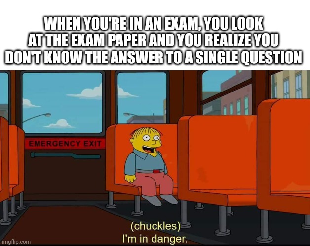 Exams be like: | WHEN YOU'RE IN AN EXAM, YOU LOOK AT THE EXAM PAPER AND YOU REALIZE YOU DON'T KNOW THE ANSWER TO A SINGLE QUESTION | image tagged in im in danger,memes,funny,school meme,exams | made w/ Imgflip meme maker