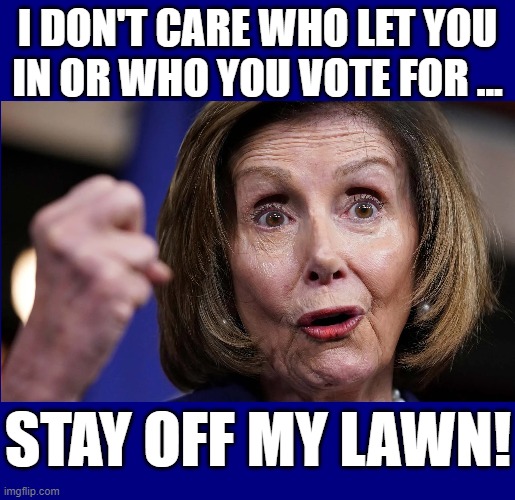 In the final analysis, Nancy the powerful is just a cranky old lady | I DON'T CARE WHO LET YOU
IN OR WHO YOU VOTE FOR ... STAY OFF MY LAWN! | image tagged in vince vance,nancy pelosi,cranky,old lady,get off my lawn,memes | made w/ Imgflip meme maker