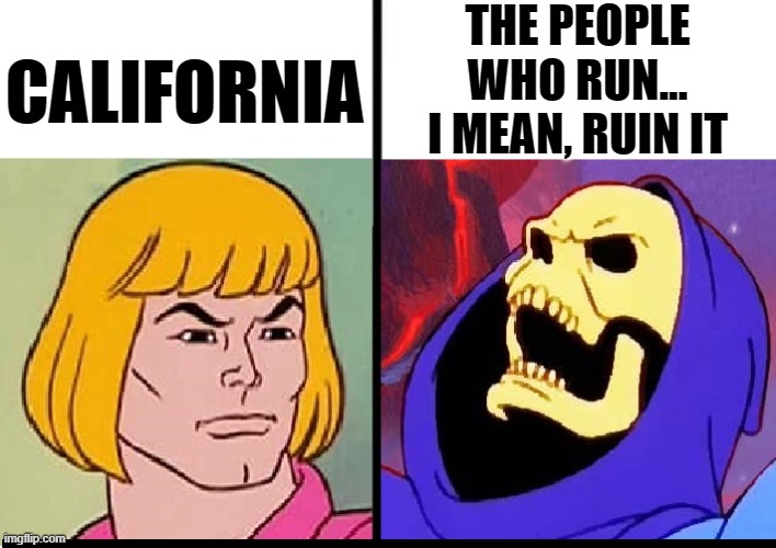 California: The Good Vs The Bad | THE PEOPLE
WHO RUN...
I MEAN, RUIN IT CALIFORNIA | image tagged in vince vance,skeletor,he-man,california,gavin newsom,cartoons | made w/ Imgflip meme maker