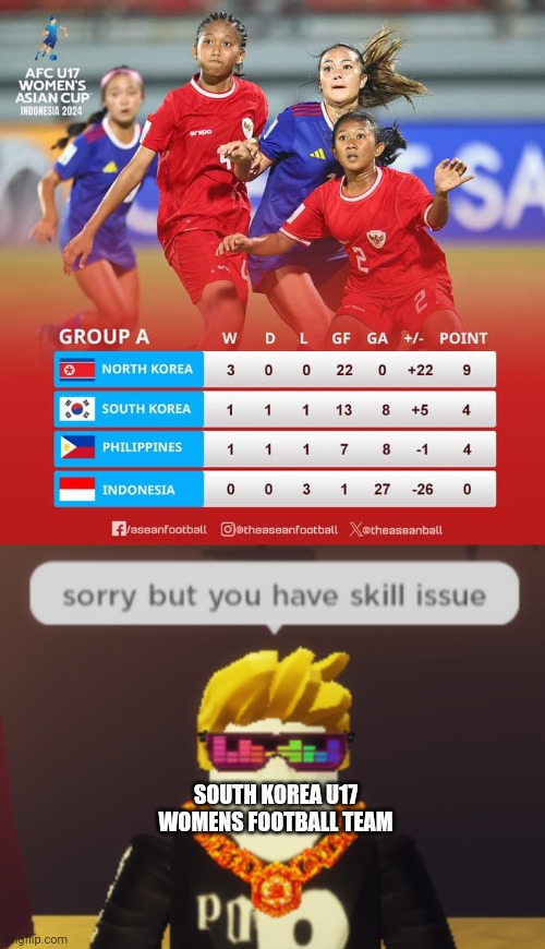 What I think of the AFC U17 Women's Asian Cup standings after Korea drew with the Philippines | SOUTH KOREA U17 WOMENS FOOTBALL TEAM | image tagged in sorry but you have skill issue,funny,soccer,asian,cup | made w/ Imgflip meme maker