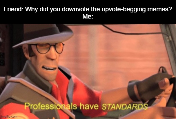 Insert good title | Friend: Why did you downvote the upvote-begging memes?


Me: | image tagged in professionals have standards,memes | made w/ Imgflip meme maker