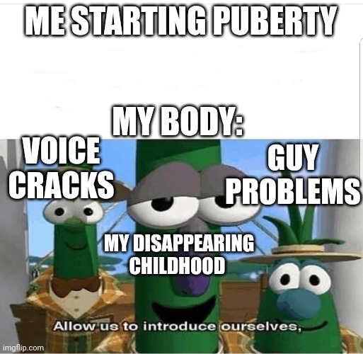 This sucks | ME STARTING PUBERTY; MY BODY:; GUY PROBLEMS; VOICE CRACKS; MY DISAPPEARING CHILDHOOD | image tagged in allow us to introduce ourselves | made w/ Imgflip meme maker