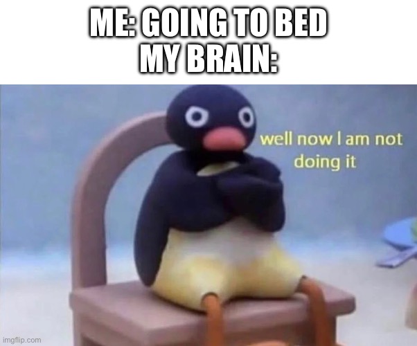 Well now I am not doing it. | ME: GOING TO BED
MY BRAIN: | image tagged in pingu well now i am not doing it | made w/ Imgflip meme maker