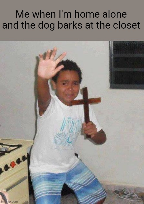 kid with cross | Me when I'm home alone and the dog barks at the closet | image tagged in kid with cross | made w/ Imgflip meme maker