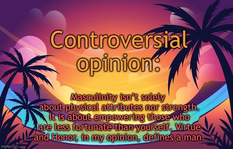 Trez (Summer) | Controversial opinion:; Masculinity isn’t solely  about physical attributes nor strength. It is about empowering those who are less fortunate than yourself. Virtue and Honor, in my opinion, defines a man. | image tagged in trez summer | made w/ Imgflip meme maker