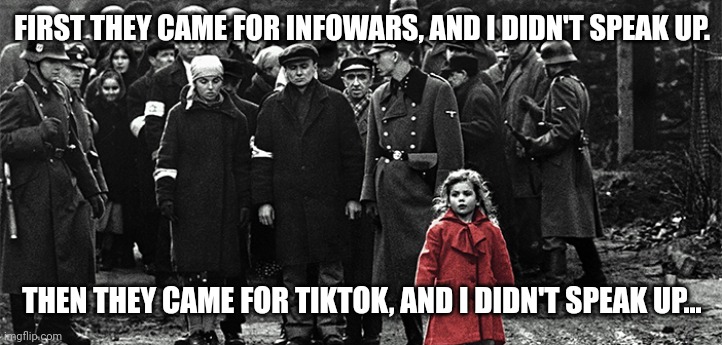 I may not like what you have to say, but I will defend to the death your right to say it! | FIRST THEY CAME FOR INFOWARS, AND I DIDN'T SPEAK UP. THEN THEY CAME FOR TIKTOK, AND I DIDN'T SPEAK UP... | image tagged in first they came for the socialists | made w/ Imgflip meme maker