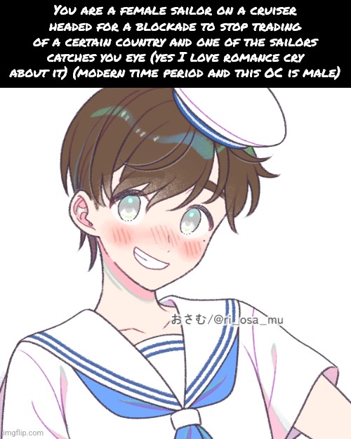 He's straight btw | You are a female sailor on a cruiser headed for a blockade to stop trading of a certain country and one of the sailors catches you eye (yes I love romance cry about it) (modern time period and this OC is male) | made w/ Imgflip meme maker