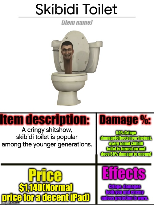 Item-shop extended | Skibidi Toilet; A cringy shitshow, skibidi toilet is popular among the younger generations. 50% Cringe damage(effects near instant, every round skibidi toilet is turned on and does 50% damage to enemy); $1,140(Normal price for a decent iPad); Cringe, damages both you and enemy unless protetion is worn. | image tagged in item-shop extended | made w/ Imgflip meme maker