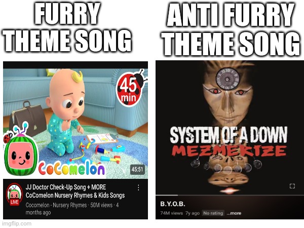 The theme songs of both groups | ANTI FURRY THEME SONG; FURRY THEME SONG | image tagged in anti furry,fax,based | made w/ Imgflip meme maker