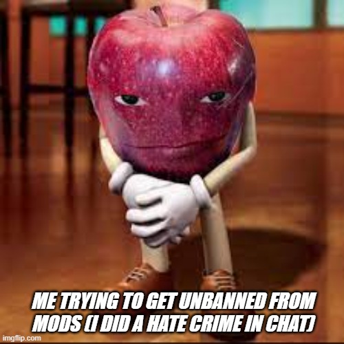 Mods | ME TRYING TO GET UNBANNED FROM MODS (I DID A HATE CRIME IN CHAT) | image tagged in rizz apple | made w/ Imgflip meme maker