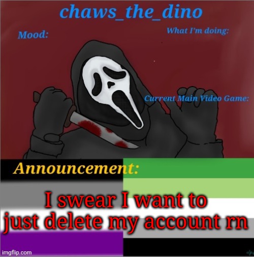 Goodbye | I swear I want to just delete my account rn | image tagged in chaws_the_dino announcement temp | made w/ Imgflip meme maker