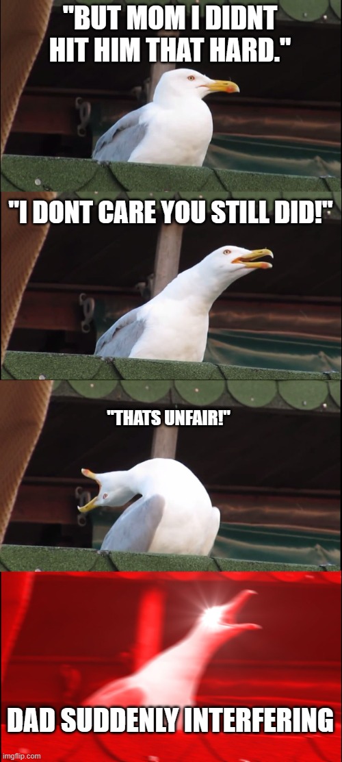 oh no | "BUT MOM I DIDNT HIT HIM THAT HARD."; "I DONT CARE YOU STILL DID!"; "THATS UNFAIR!"; DAD SUDDENLY INTERFERING | image tagged in memes,inhaling seagull | made w/ Imgflip meme maker