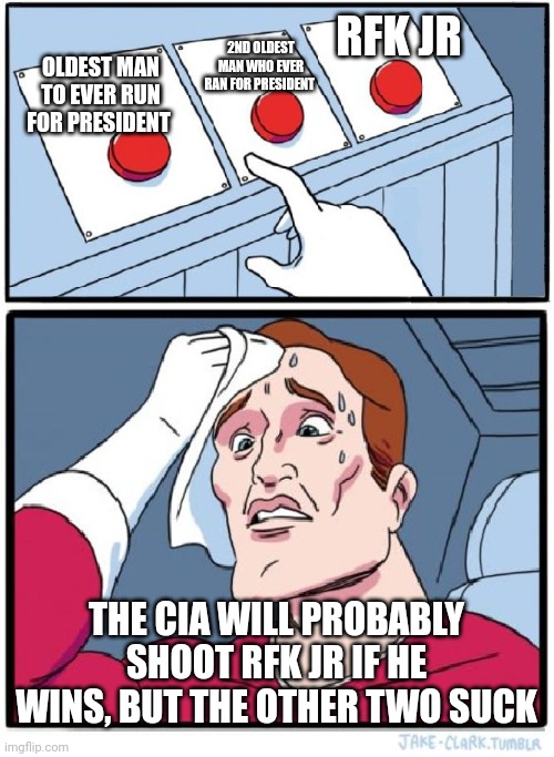 Godspeed Mr Kennedy, I pray one of your falcons disarms anyone up to no good around you | RFK JR; 2ND OLDEST MAN WHO EVER RAN FOR PRESIDENT; OLDEST MAN TO EVER RUN FOR PRESIDENT; THE CIA WILL PROBABLY SHOOT RFK JR IF HE WINS, BUT THE OTHER TWO SUCK | image tagged in three buttons | made w/ Imgflip meme maker