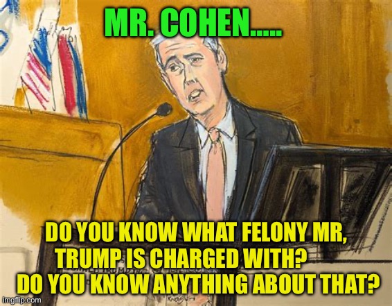 Maybe Cohen knows what Felony was committed? | MR. COHEN….. DO YOU KNOW WHAT FELONY MR, TRUMP IS CHARGED WITH?          DO YOU KNOW ANYTHING ABOUT THAT? | image tagged in gifs,democrats,biden,voter fraud,injustice | made w/ Imgflip meme maker