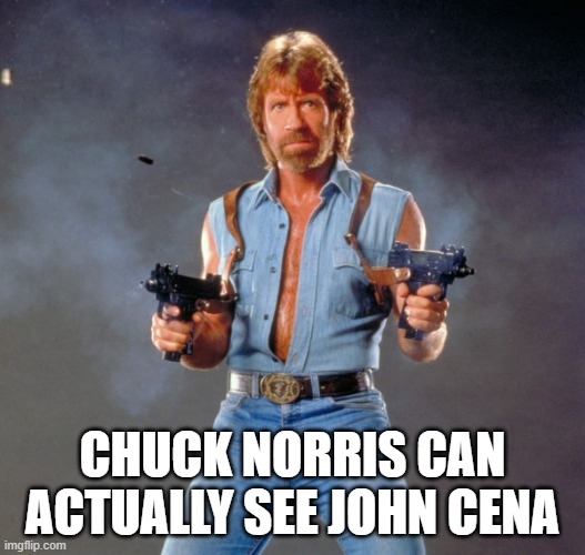 Chuck Norris Guns | CHUCK NORRIS CAN ACTUALLY SEE JOHN CENA | image tagged in memes,chuck norris guns,chuck norris | made w/ Imgflip meme maker