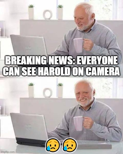 Hide the Pain Harold Meme | BREAKING NEWS: EVERYONE CAN SEE HAROLD ON CAMERA; 😥😥 | image tagged in memes,hide the pain harold,fun | made w/ Imgflip meme maker