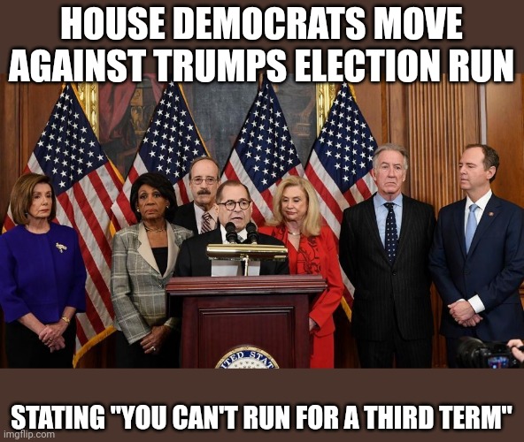 Trump 2024 | HOUSE DEMOCRATS MOVE AGAINST TRUMPS ELECTION RUN; STATING "YOU CAN'T RUN FOR A THIRD TERM" | image tagged in house democrats | made w/ Imgflip meme maker
