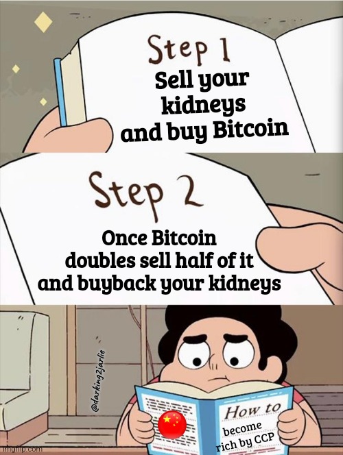 Quick Rich Guide | Sell your kidneys and buy Bitcoin; Once Bitcoin doubles sell half of it and buyback your kidneys; @darking2jarlie; become rich by CCP | image tagged in china,bitcoin,rich,how to | made w/ Imgflip meme maker