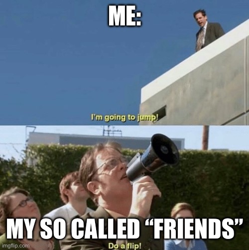Flippin out | ME:; MY SO CALLED “FRIENDS” | image tagged in im going to jump do a flip | made w/ Imgflip meme maker