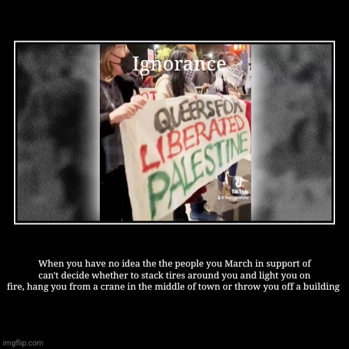 Ignorant trans | When you have no idea the the people you March in support of can't decide whether to stack tires around you and light you on fire, hang you  | image tagged in funny,demotivationals | made w/ Imgflip demotivational maker