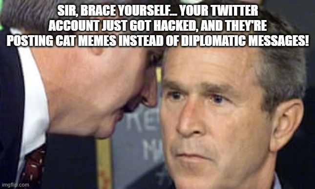 Twitter account | SIR, BRACE YOURSELF... YOUR TWITTER ACCOUNT JUST GOT HACKED, AND THEY'RE POSTING CAT MEMES INSTEAD OF DIPLOMATIC MESSAGES! | image tagged in george bush 9/11 | made w/ Imgflip meme maker