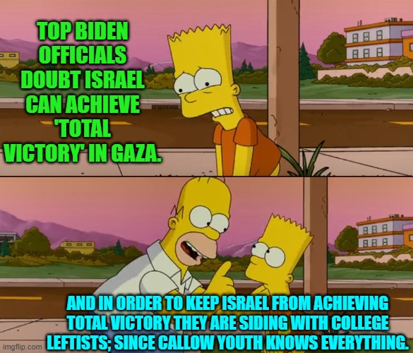 This about sums things up. | TOP BIDEN OFFICIALS DOUBT ISRAEL CAN ACHIEVE 'TOTAL VICTORY' IN GAZA. AND IN ORDER TO KEEP ISRAEL FROM ACHIEVING TOTAL VICTORY THEY ARE SIDING WITH COLLEGE LEFTISTS; SINCE CALLOW YOUTH KNOWS EVERYTHING. | image tagged in simpsons so far | made w/ Imgflip meme maker