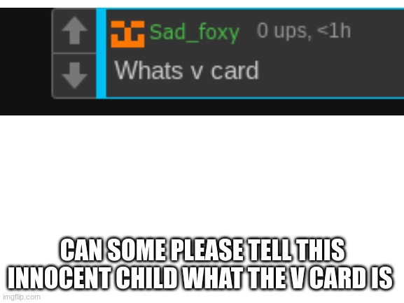 please someone explain it I cant | CAN SOME PLEASE TELL THIS INNOCENT CHILD WHAT THE V CARD IS | image tagged in blank white template | made w/ Imgflip meme maker