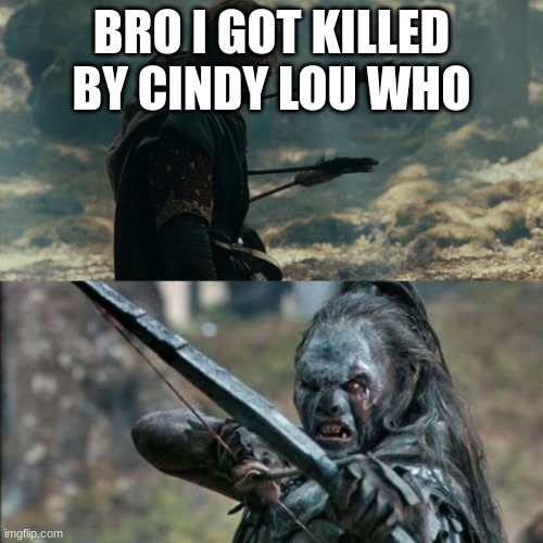 Boromir Arrows template | BRO I GOT KILLED BY CINDY LOU WHO | image tagged in boromir arrows template | made w/ Imgflip meme maker