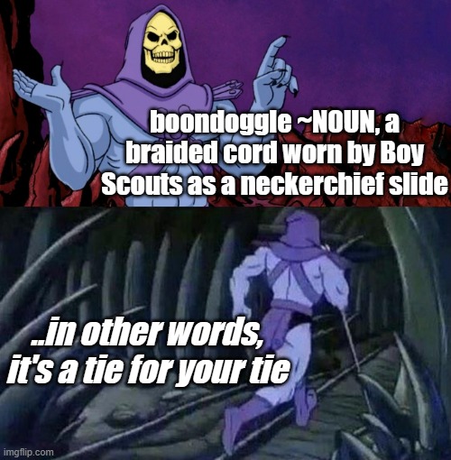 he man skeleton advices | boondoggle ~NOUN, a braided cord worn by Boy Scouts as a neckerchief slide; ..in other words, it's a tie for your tie | image tagged in he man skeleton advices | made w/ Imgflip meme maker