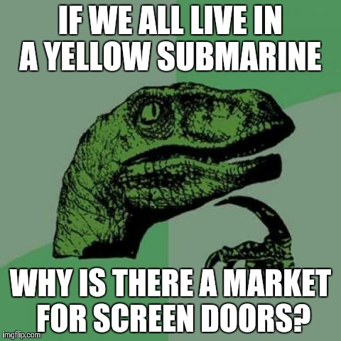 Yellow submarine screen door? | IF WE ALL LIVE IN A YELLOW SUBMARINE WHY IS THERE A MARKET FOR SCREEN DOORS? | image tagged in memes,philosoraptor | made w/ Imgflip meme maker