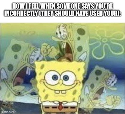 Idiots have no idea what you're means | HOW I FEEL WHEN SOMEONE SAYS YOU'RE INCORRECTLY (THEY SHOULD HAVE USED YOUR): | image tagged in spongebob internal screaming | made w/ Imgflip meme maker