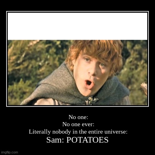 No one:
No one ever:
Literally nobody in the entire universe: | Sam: POTATOES | image tagged in funny,demotivationals | made w/ Imgflip demotivational maker