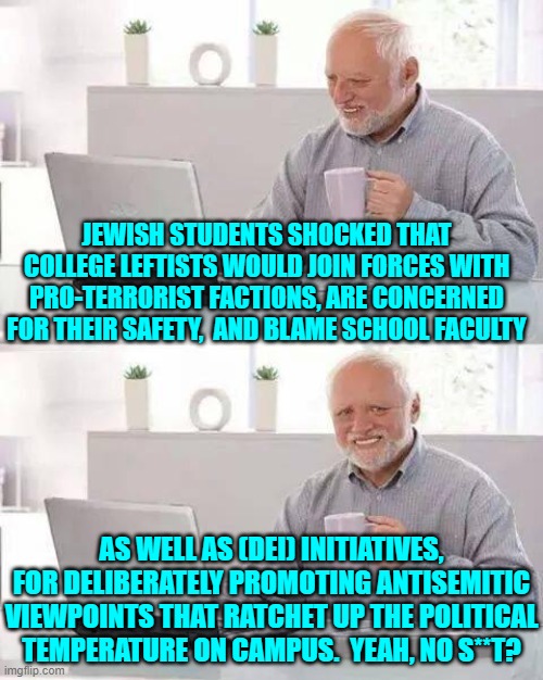 Gosh!  When did the penny drop? | JEWISH STUDENTS SHOCKED THAT COLLEGE LEFTISTS WOULD JOIN FORCES WITH PRO-TERRORIST FACTIONS, ARE CONCERNED FOR THEIR SAFETY,  AND BLAME SCHOOL FACULTY; AS WELL AS (DEI) INITIATIVES, FOR DELIBERATELY PROMOTING ANTISEMITIC VIEWPOINTS THAT RATCHET UP THE POLITICAL TEMPERATURE ON CAMPUS.  YEAH, NO S**T? | image tagged in hide the pain harold | made w/ Imgflip meme maker