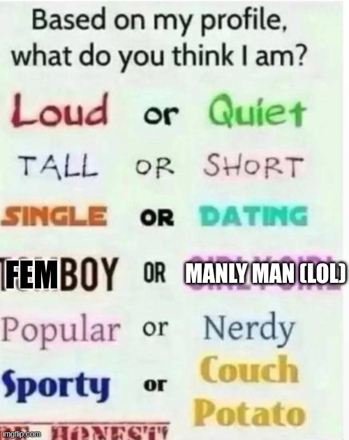 Image Title | MANLY MAN (LOL); FEM | image tagged in based on my profile what do you think i am,memes,repost | made w/ Imgflip meme maker
