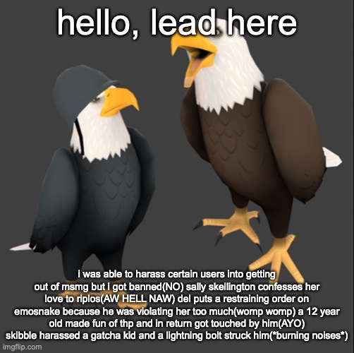 tf2 eagles | hello, lead here; i was able to harass certain users into getting out of msmg but i got banned(NO) sally skellington confesses her love to riplos(AW HELL NAW) del puts a restraining order on emosnake because he was violating her too much(womp womp) a 12 year old made fun of thp and in return got touched by him(AYO) skibble harassed a gatcha kid and a lightning bolt struck him(*burning noises*) | image tagged in tf2 eagles | made w/ Imgflip meme maker