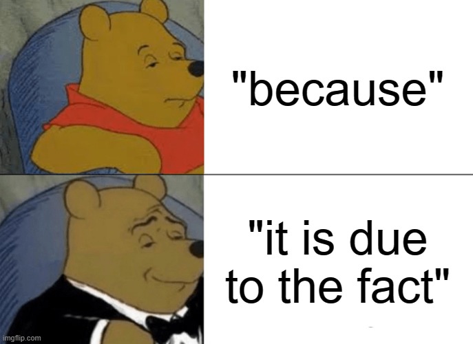 Tuxedo Winnie The Pooh | "because"; "it is due to the fact" | image tagged in memes,tuxedo winnie the pooh | made w/ Imgflip meme maker