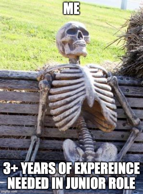 Waiting Skeleton Meme | ME; 3+ YEARS OF EXPEREINCE NEEDED IN JUNIOR ROLE | image tagged in memes,waiting skeleton | made w/ Imgflip meme maker