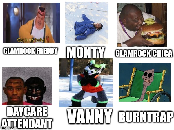 the security breach animatronics in a nutshell | GLAMROCK CHICA; MONTY; GLAMROCK FREDDY; BURNTRAP; DAYCARE ATTENDANT; VANNY | image tagged in fnaf,silly,fat guy eating burger,furry,good tyler and bad tyler,fnaf security breach | made w/ Imgflip meme maker