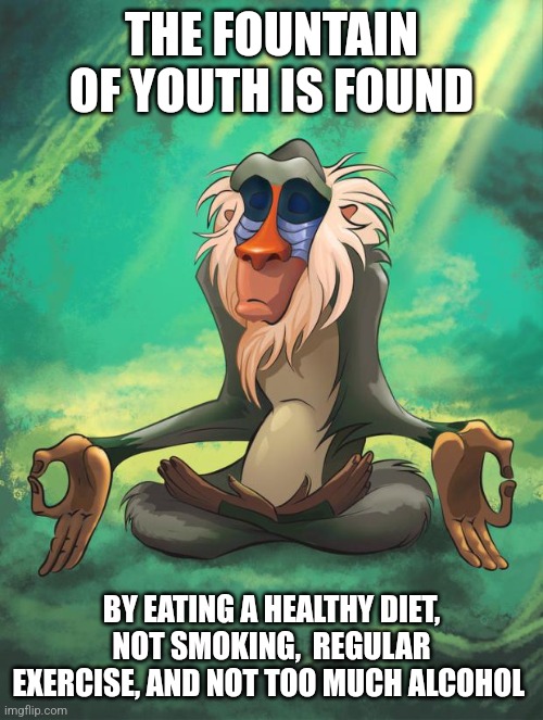 The truth | THE FOUNTAIN OF YOUTH IS FOUND; BY EATING A HEALTHY DIET, NOT SMOKING,  REGULAR EXERCISE, AND NOT TOO MUCH ALCOHOL | image tagged in rafiki wisdom,memes,fountain of youth,spiritual | made w/ Imgflip meme maker