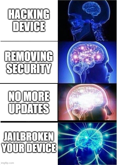 Expanding Brain | HACKING DEVICE; REMOVING SECURITY; NO MORE UPDATES; JAILBROKEN YOUR DEVICE | image tagged in memes,expanding brain,goofy ahh | made w/ Imgflip meme maker