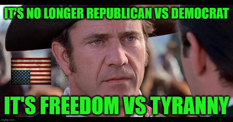 The Patriot | IT'S NO LONGER REPUBLICAN VS DEMOCRAT IT'S FREEDOM VS TYRANNY | image tagged in the patriot | made w/ Imgflip meme maker