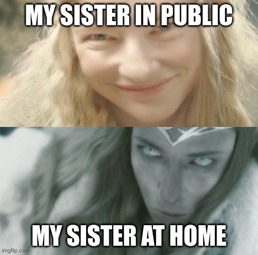 Galadriel Two Sides | MY SISTER IN PUBLIC; MY SISTER AT HOME | image tagged in galadriel two sides | made w/ Imgflip meme maker