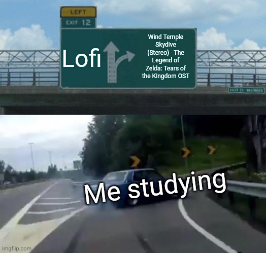 Left Exit 12 Off Ramp | Lofi; Wind Temple Skydive (Stereo) - The Legend of Zelda: Tears of the Kingdom OST; Me studying | image tagged in memes,left exit 12 off ramp,tloz,totk,gaming,funny | made w/ Imgflip meme maker