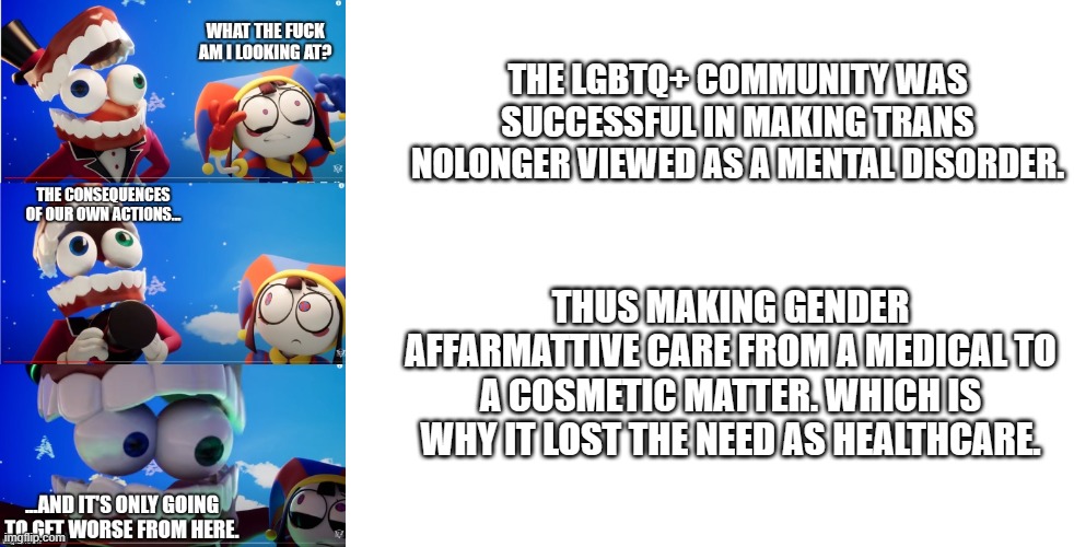 THE LGBTQ+ COMMUNITY WAS SUCCESSFUL IN MAKING TRANS NOLONGER VIEWED AS A MENTAL DISORDER. THUS MAKING GENDER AFFARMATTIVE CARE FROM A MEDICA | image tagged in blank white template | made w/ Imgflip meme maker